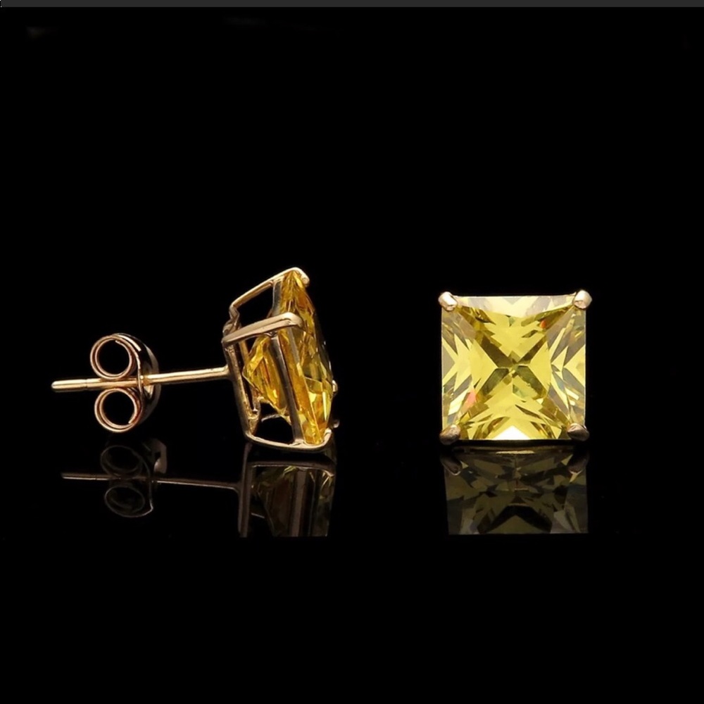 14k Yellow Gold Princess Yellow CZ Stud Earrings